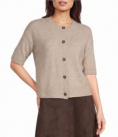 Vince Camuto Knit Crew Neck Short Sleeve Big Button Front Cardigan
