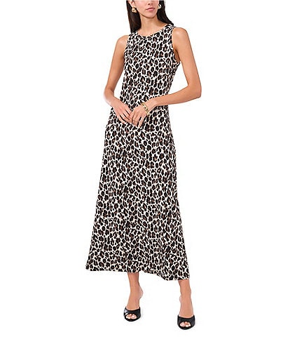 Vince Camuto Knit Leopard Crew Neck Sleeveless Back Keyhole Split Hem Column Maxi Dress