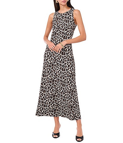 Vince Camuto Knit Leopard Crew Neck Sleeveless Back Keyhole Split Hem Column Midi Dress