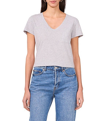 Vince Camuto Knit V Neck Short Sleeve Front Pocket Tee