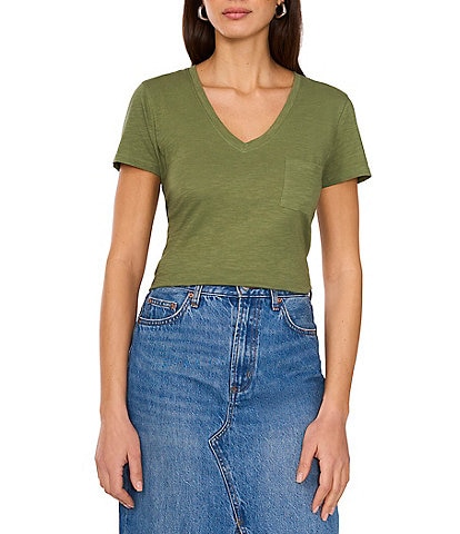 Vince Camuto Knit V Neck Short Sleeve Front Pocket Tee