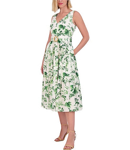 Vince Camuto Leaf Print V-Neck Sleeveless Belted Hardware Detail Midi A-Line Dress