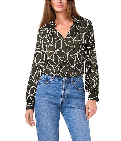 Vince Camuto Leaf Print Woven Point Collar Split V-Neck Long Blouson Sleeve Shirttail Blouse