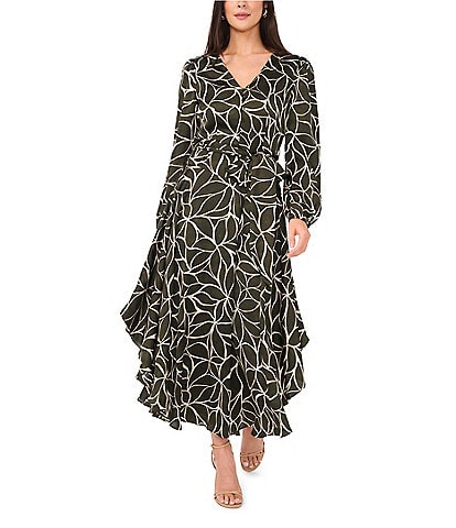 Vince Camuto Leaf Print Woven V-Neck Long Blouson Sleeve Button Front Tie at Waist A-Line Ruffle Flounce Shirttail Maxi Dress