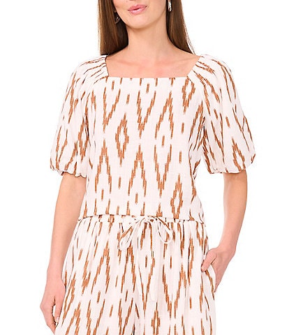 Vince Camuto Linen Blend Printed Square Neckline Short Raglan Sleeve Coordinating Blouse