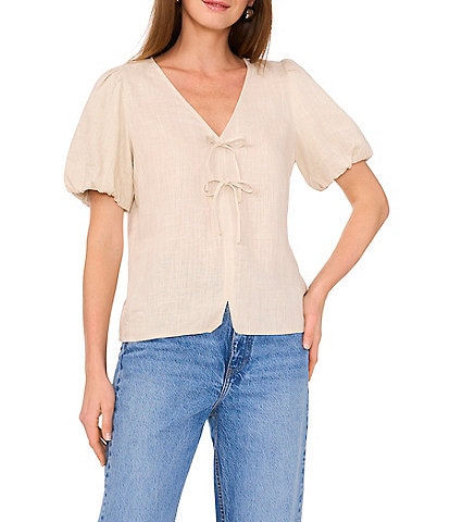 Vince Camuto Linen Blend V-Neck Short Puff Sleeve Tie Front Blouse