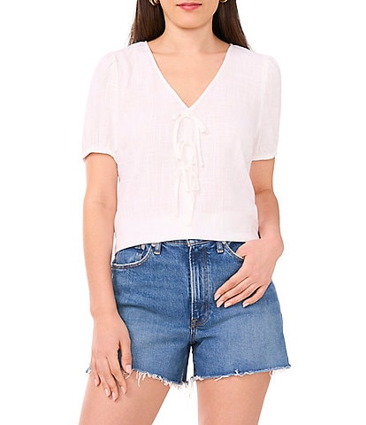 Vince Camuto Linen Blend V-Neck Short Puff Sleeve Tie Front Blouse