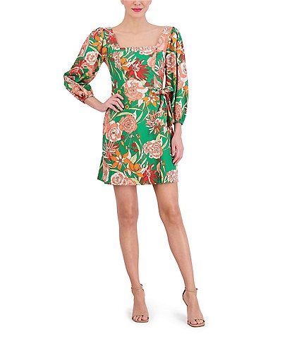 Vince Camuto Linen Floral Print Square Neck 3/4 Sleeve A-Line Pocketed Dress