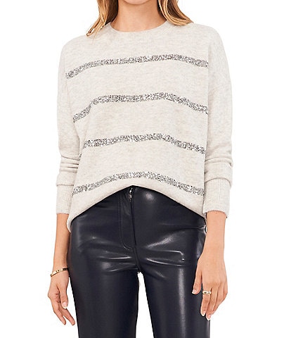 Vince Camuto Long Sleeve Crew Neck Sequin Stripe Cozy Knit Sweater