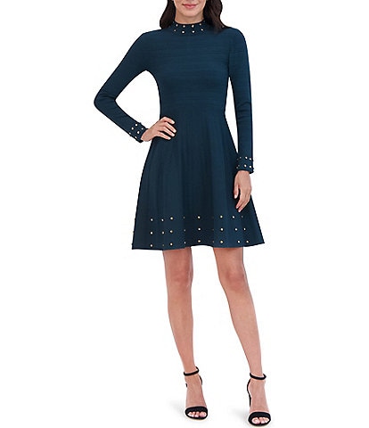 Vince Camuto Long Sleeve Mock Neck Studded Fit And Flare Dress