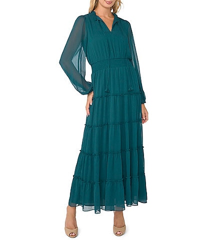 Vince Camuto Long Sleeve Yoryu Tiered Ruffle V Neck Maxi Dress