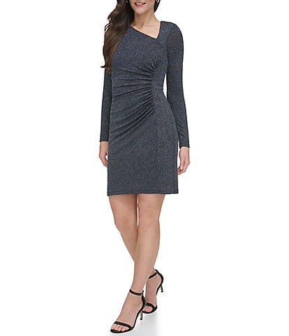 Vince Camuto Lurex Metallic Knit Glitter Asymmetrical Neck Long Sleeve Side Ruched Bodycon Dress