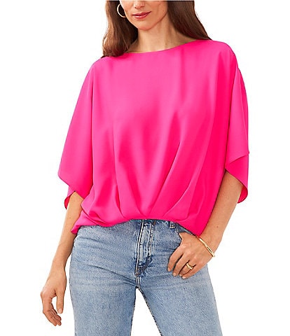 Vince Camuto Luxe Crepe de Chine Boat Neck 3/4 Dolman Sleeve Cinched Hem Top