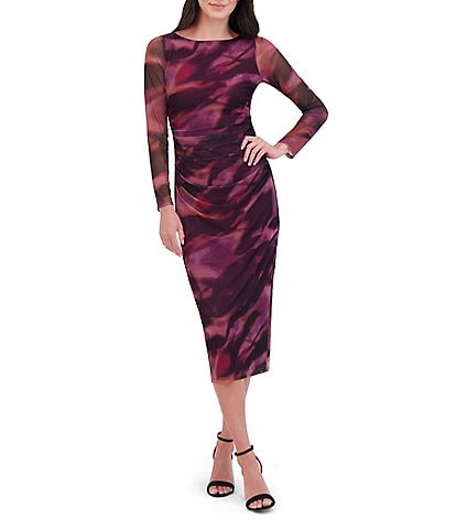 Vince Camuto Mesh Abstract Swirl Print Boat Neck Long Sleeve Bodycon Midi Dress