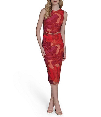 Vince Camuto Mesh Printed Round Neck Sleeveless Midi Bodycon Dress