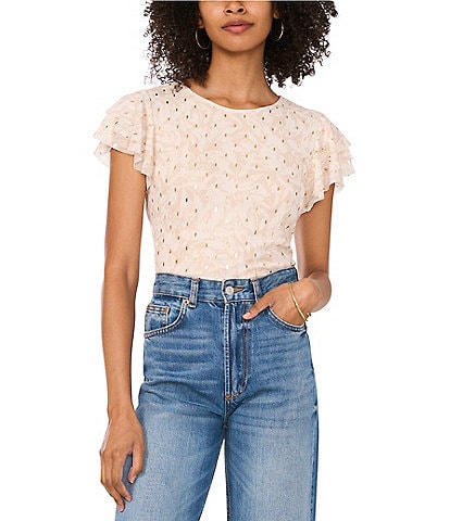 Vince Camuto Metallic Mesh Knit Round Neck Ruffle Short Sleeve Blouse