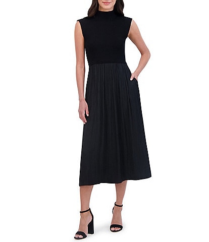 Vince Camuto Mixed Media Sweater Bodice Mock Neck Sleeveless Satin Drop Waist Trapeze Flounce Midi Dress