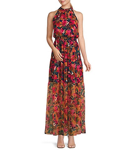 Vince Camuto Floral Print Halter Neck Sleeveless Smocked Waist Tiered Blouson Maxi Dress