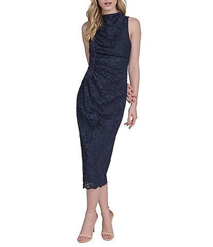 Vince Camuto Mock Neck Sleeveless Shirred Lace Bodycon Midi Dress