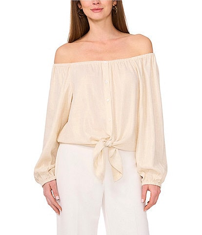 Vince Camuto Off-The-Shoulder Button Down Tie Front Blouse