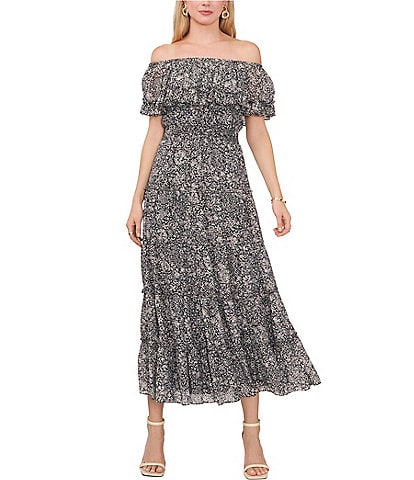 Vince Camuto Off-the-Shoulder Smocked Waist Short Sleeve Tiered A-Line Maxi Dress