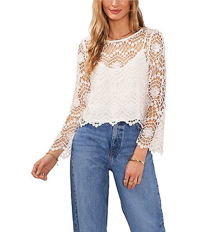 Vince Camuto Open Weave Floral Lace Boat Neck Long Sleeve Blouse
