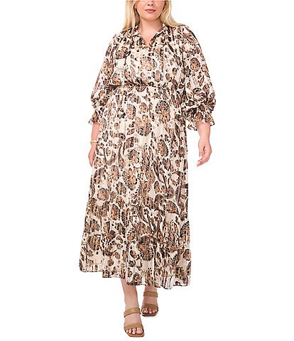 Vince Camuto Plus Size Paisley Woven Split V-Neck Tie Front Long Sleeve Fit-and-Flare Maxi Dress