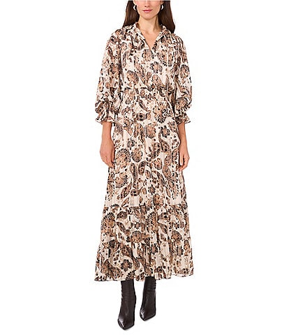 Vince Camuto Paisley Woven Split V-Neck Tie Front Long Sleeve Smocked Fit and Flare Maxi Dress