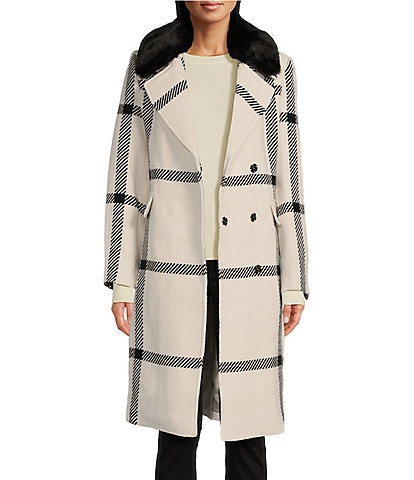 Vince Camuto Plaid Notch Collar Removable Faux Fur Snap Front Wool Blend Walker Coat