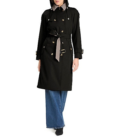 Vince Camuto Plaid Pattern Point Collar Belted Double Breasted Raincoat
