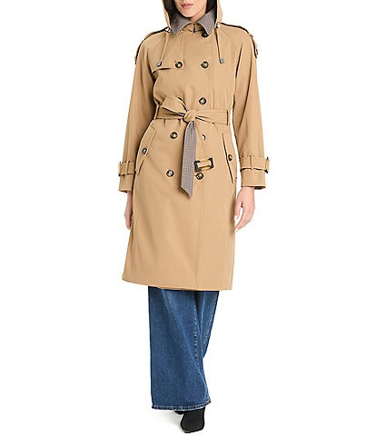Vince Camuto Plaid Pattern Point Collar Belted Double Breasted Raincoat