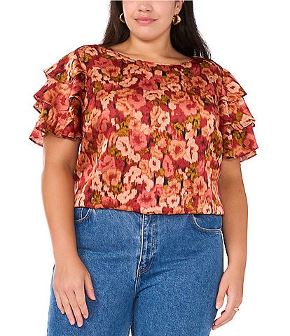 Vince Camuto Plus Floral Print Woven Satin Yoryu Crew Neck Short Flutter Sleeve Blouse