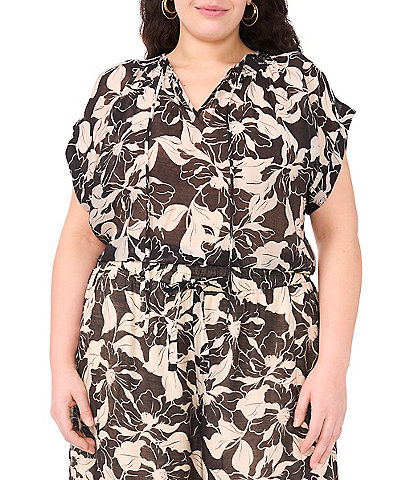 Vince Camuto Plus Flutter Sleeve Tie Front Split Round Neckline Printed Blouse