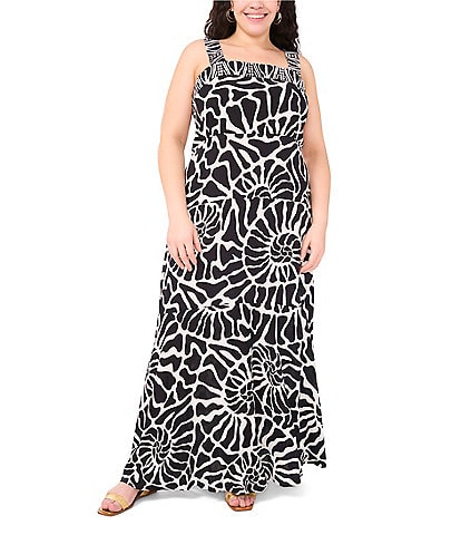 Vince Camuto Plus Size Abstract Printed Woven Square Neck Sleeveless Tiered Maxi Shift Dress