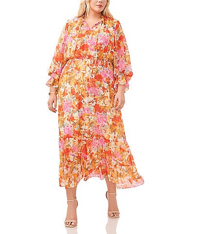 Vince Camuto Plus Size Chiffon Sheer Floral Split V-Neck Long Blouson Sleeve A-Line Tiered Maxi Dress