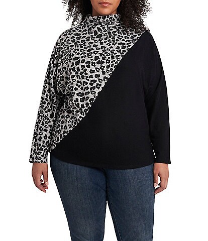 Vince Camuto Plus Size Color Blocked Leopard Print Jacquard Cozy Dolman Sleeve Knit Top