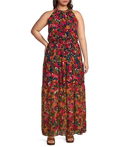 Vince Camuto Plus Size Floral Chiffon Halter Neck Sleeveless Smocked Waist A-Line Maxi Dress