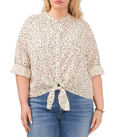 Vince Camuto Plus Size Floral Print 3/4 Roll-Tab Sleeve Tied Button Front Blouse