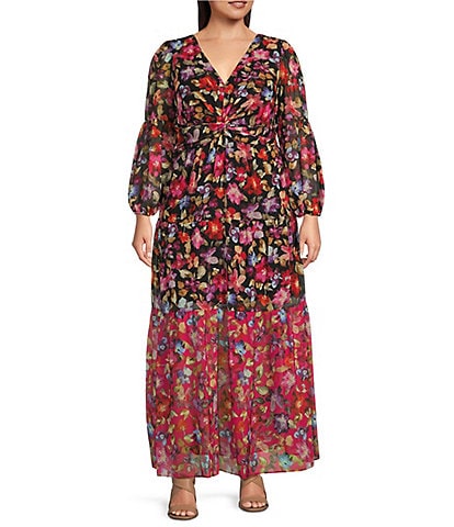 Vince Camuto Plus Size Floral Print V-Neck 3/4 Sleeve Chiffon Maxi Dress