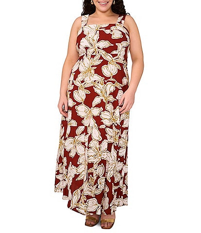 Vince Camuto Plus Size Floral Printed Woven Square Neck Sleeveless Shift Maxi Dress
