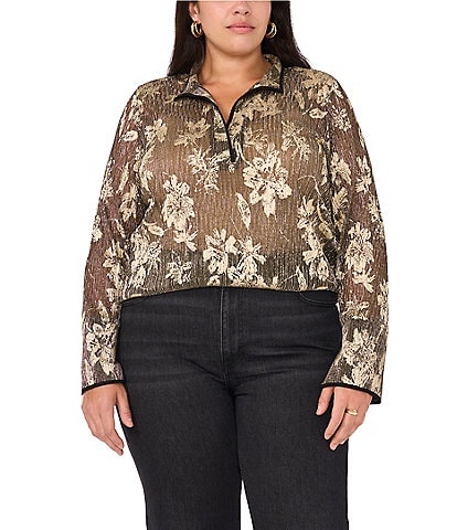 Vince Camuto Plus Size Floral V-Neck Spread Collar Long Sleeve Blouse