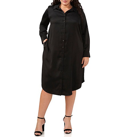 Vince Camuto Plus Size Heavy Charmeuse Point Collar Long Sleeve Belted Midi Shirt Dress