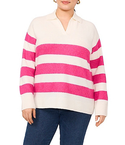 Vince Camuto Plus Size Knit Stripe Print V-Neck Long Sleeve Sweater
