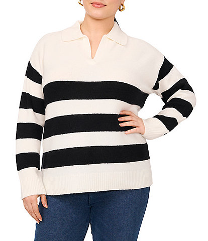 Vince Camuto Plus Size Knit Stripe Print V-Neck Long Sleeve Sweater