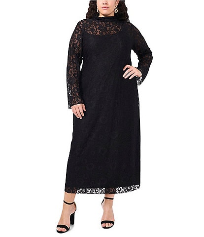 Vince Camuto Plus Size Lace Mock Neck Long Sleeve Midi Flounce Sheath Dress