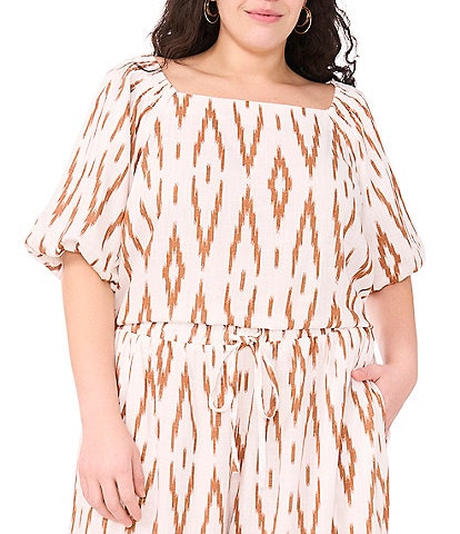Vince Camuto Plus Size Linen Blend Printed Square Neckline Short Raglan Sleeve Coordinating Blouse