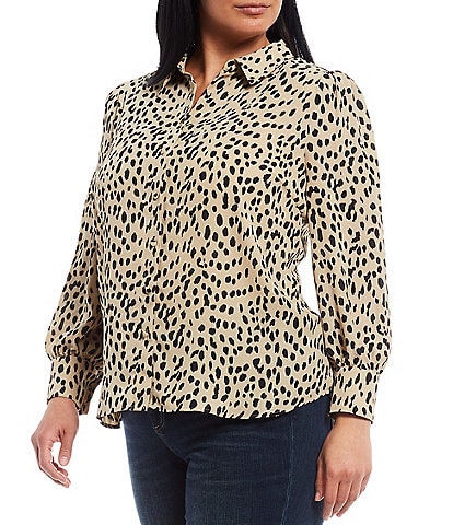 Vince Camuto Plus Size Point Collar Long Sleeve Leopard Print Button Down Blouse