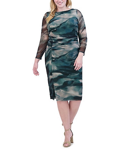 Vince Camuto Plus Size Mesh Abstract Swirl Boat Neck Long Sleeve Ruch Bodycon Midi Dress