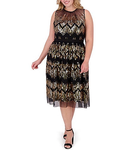 Vince Camuto Plus Size Metallic Chevron Tulle Halter Neck Sleeveless A-Line Midi Flounce Dress