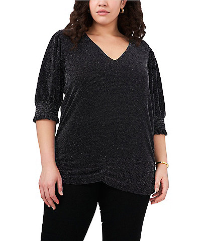 Vince Camuto Plus Size Metallic Ribbed Knit V-Neck Short Puff Sleeve Top